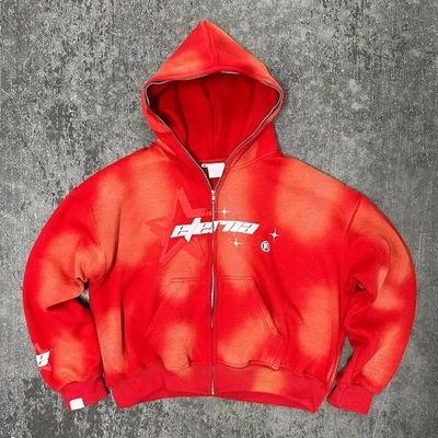 satın al % 100 pamuklu ağırlıklı kapüşon Vintage Asit Yıkama Güneş Solunmuş Puff Yazdırma Tam Zip Up online manufacture