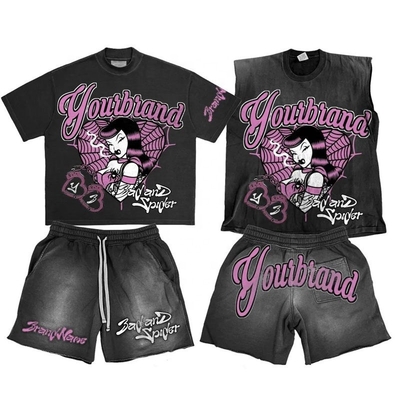 satın al Özel Logo Asit Yıkama Kapüşonlar Ter Şortlar Siyah Top ve Kolsuz Tank Top Set online manufacture