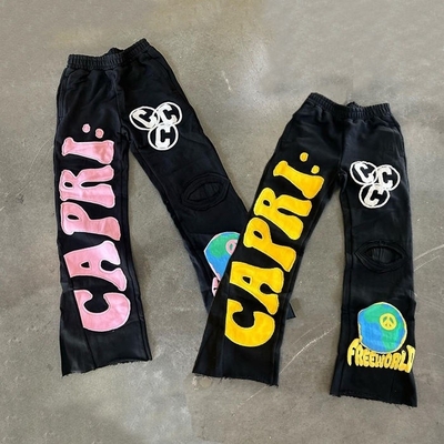 satın al Patch nakış Fransız Terry Asit Yıkama Çiğ Hem Sıkıntılı Flared Sweatpants Normal Fit 100% Pamuk online manufacture