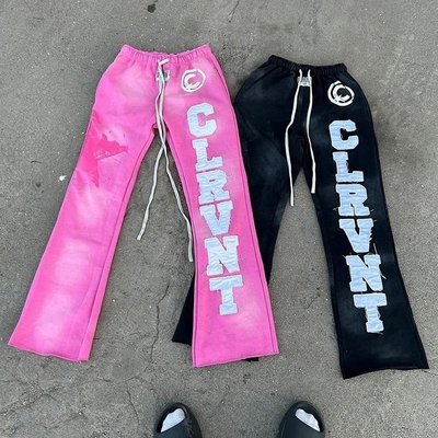 satın al Flared mens spor pantolonları siyah Oversized Cut Raw Hem Acid Wash Sunfaded Embroidery Patch online manufacture