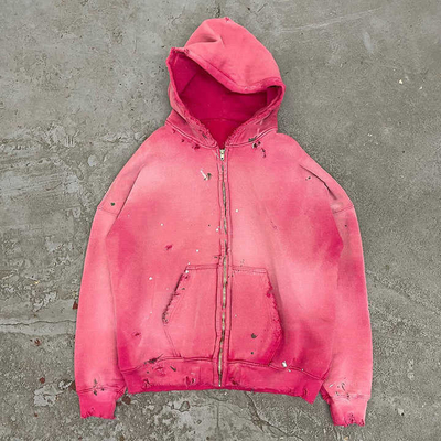 satın al Asit yıkama fermuar kapüşon erkek kadın 500 gram beyaz pembe asit yıkama Vintage yırtılmış delik online manufacture
