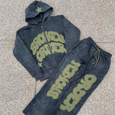 satın al Vintage Distressed Patch Applique nakışlı kapüşon seti özelleştirilebilir renk seçenekleri ile online manufacture