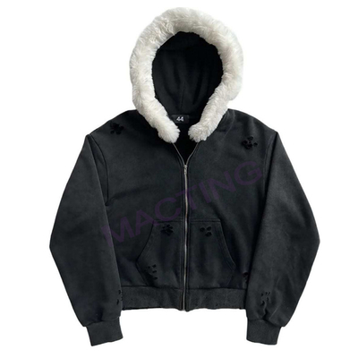 satın al Katı Asit Yıkama Güneş Solmuş Sıkıntılı Özel Tam Zip Up Kapüşonlu Ceket Kürk Yakalı online manufacture