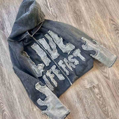 satın al Renkli Vintage nakış Patchwork Hoodie tam fermuarlı ve sıkıntılı uygulama online manufacture