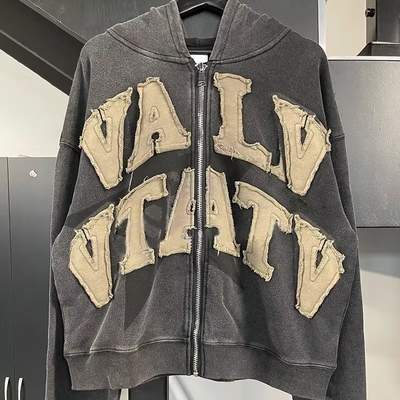 satın al 450 Gsm Ağır Ağırlıklı Fransız Terry Vintage Asit Yıkama Sıkıntılı Patch nakış Kapüşon Süveter online manufacture