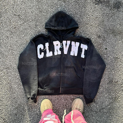 satın al Özel Logo Sokak Giysileri 400gm Taş Yıkama Zip Up Gri Hoodie Sıkıntılı Yama online manufacture