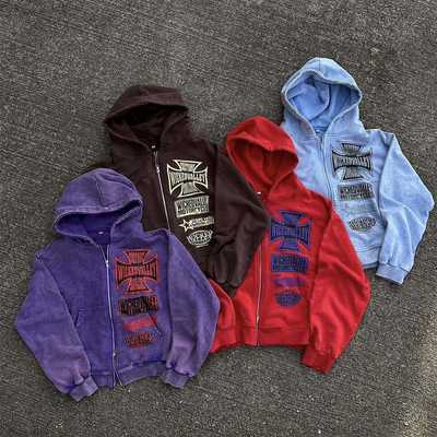 satın al Erkekler Anti-Skrink Asit Yıkama Kısalık Kapüşon Çift Fermuarlı Vintage Güneş Solmuş Tarzı online manufacture