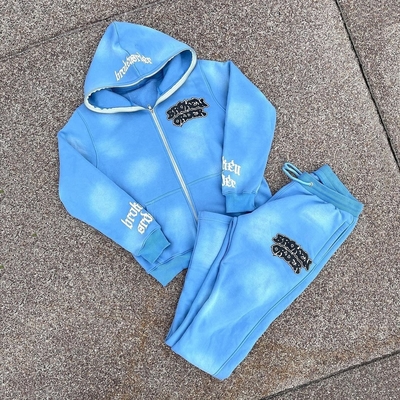 satın al Etiketler Unisex Erkekler Kapüşon Set Özel Tam fermuarlı kapüşon spor takım elbise Asit Yıkama Sweatsuit online manufacture