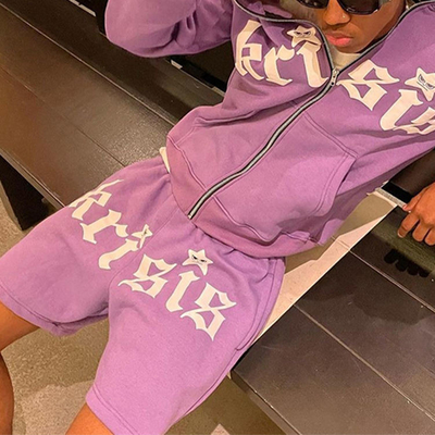 satın al serin renkli spor kostümü savaş sıkıntılı nakış Patchwork Hoodie Şortlar Fransız Terry 3D Puff Baskı online manufacture