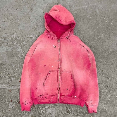 satın al Hafif 400 gram Pamuk Zip Up Hoodie Vintage Sıkıntılı Pembe Güneş Solgun Fransız Terry online manufacture