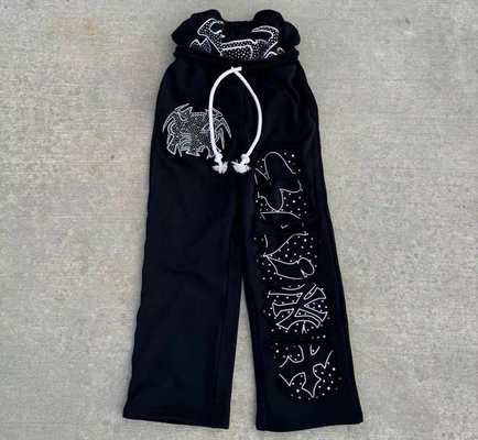 satın al Vintage Asit Yıkama Sıkıntılı Rhinestone Çift Bel Flared Baggy Sweatpants 100% Pamuk online manufacture