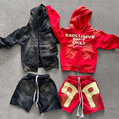 satın al Asit yıkama fermuarlı hoodie ve spor pantolon erkekler için özel tasarım seti online manufacture