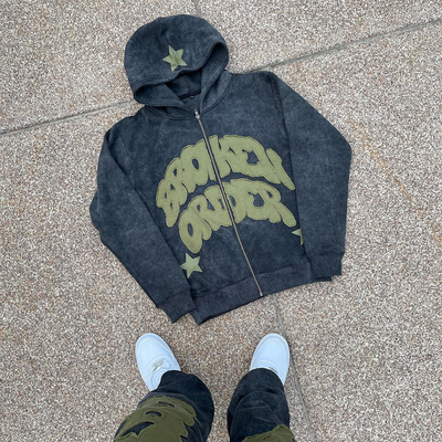satın al Özel Aşırı Boylu Güneş Solmuş Sıkıntılı Fermuarlı Patch Hoodie Set online manufacture