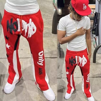satın al Erkekler için kırmızı flare spor pantolonları Anti-Statik Koşucular Track Sweat Pants Vintage Style Puff Printing online manufacture