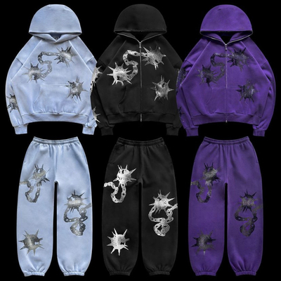satın al Sokak Giysileri Y2k Unisex Tam Yüz Zip Up Bling String Hoodie Set 100% Pamuk Özel Erkek online manufacture