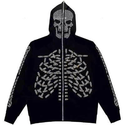 satın al 800 gram Kapüşonlu Zıpkın Süveter Erkek Gothic Rhinestone Kafatası Grafik Baskı Ceket online manufacture