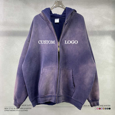satın al Vintage Asit Yıkama Güneş Solmuş Sıkıntılı Zip Up Blank Hoodie Custom Logo Sokak Giysileri online manufacture