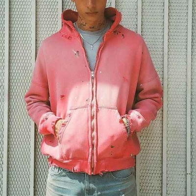 satın al Katı Özel Kadınlar 400 gram Pamuk Büyük Boylu Pembe Asit Yıkama Vintage Sıkıntılı Kısaltılmış Zip Up Kapüşon online manufacture