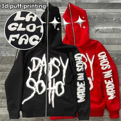 satın al Erkekler için puff print zip up hoodie Full Face Rhinestone 3d Puff Printing for Streetwear Style online manufacture