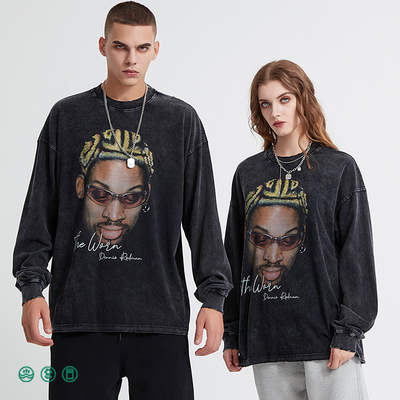 satın al Erkekler Hip Hop asit yıkama ekibinin boynunda kazak atletizm siyah sıkıntılı Vintage tişört Terry kumaş online manufacture