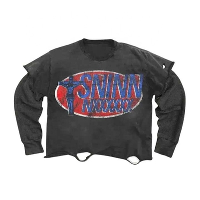 satın al Custom uzun kollu tişörtler Vintage Yıkanmış Yırtılmış 250Gsm Tişört Çift Katman 100 pamuk online manufacture