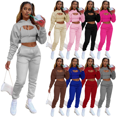 satın al Baskılı pembe kadın spor takım elbise 3 parçalı set top kazak ve koşucular kesilmiş kazak online manufacture