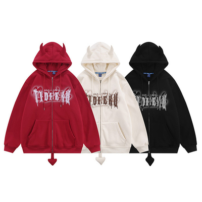 satın al 8 oz 12 onca fermuarlı kapüşonlu kazak Şeytan Boynuzlu basılı yün Blank Unisex Çift Erkek Oversized Full Zip Up Pullover online manufacture