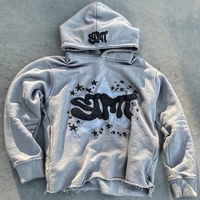 satın al Puff baskı ceket Fleece Pamuk Kesilmiş Kenar Çiğ Hem Puff Baskı Kapüşon Erkekler online manufacture