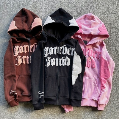 satın al Erkekler Hoodie Full Face Zip Up Hoodie Puff Print Kahverengi Ağır Kilo Fransız Terry Kumaş online manufacture