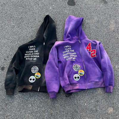 satın al özel strass kapüşon Erkekler Chenille Patch nakış Asit Yıkama Güneş solmuş 100% Pamuk online manufacture