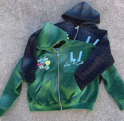 satın al Vintage Güneş solmuş Asit Yıkama Yama nakış Rhinestone Boxy Fit Kısaltılmış Zip Up Hoodie Erkekler için Düzenli Kol online manufacture