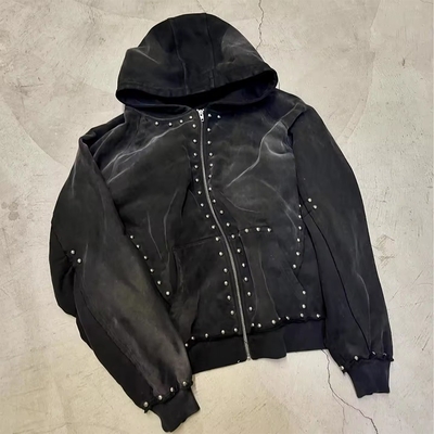 satın al 500 gramlık siyah rhinestone fermuarlı hoodie erkekler büyüklüklü sonbahar kapüşonlu hoodie güneş solmuş asit yıkama görünümü online manufacture