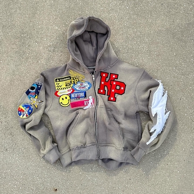 satın al Erkekler Stringstone zip up hoodie 500Gsm gri turuncu Stone Acid Wash Hoodie Sıkıntılı yama nakış online manufacture