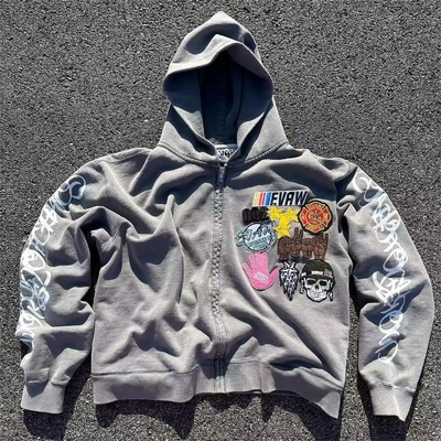 satın al Sonbahar Custom Erkek Taş Asit Yıkama Kırılmış Kutucu nakışlı fermuarlı kapüşonlu nakışlı vintage süveterler online manufacture