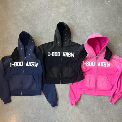 satın al Özel Asit Yıkama Güneş solmuş Rivet Strass Kesilmiş Kutusu Fit Zip Up Hoodie Pamuk Ağırlık 400gm online manufacture