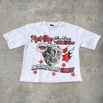 satın al Hip Hop Dtg Baskı Kırılmış Grafik Tişört Tişört Ekibi Boynun Asit Yıkama Güneş Solmuş Sıkıntılı Tişört online manufacture