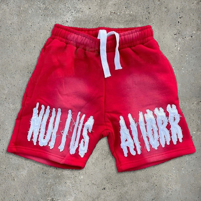satın al Kırmızı acid yıkama sıkıntılı şort seti Vintage Style Sun Fade Sweat Shorts Embroidered Logo online manufacture