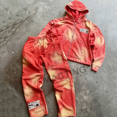 satın al Vintage Güneş solmuş Asit Yıkama Spor takım elbiseleri Özel Rhinestone Sıkıntılı Kapüşon ve Spor pantolon seti online manufacture