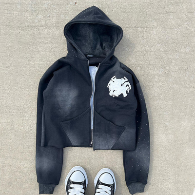 satın al Zip Up Asit Yıkama Kapüşonlar Sıkıntılı nakış Yapıştırma Özel Fransız Terry Top online manufacture