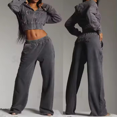 satın al Özel Kadınlar Sweatsuit Asit Yıkama Zip Applique Sıkıntılı nakış yama Kısaltılmış Kapüşon ve Sweatpants online manufacture
