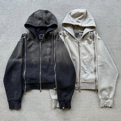 satın al Özel Patch Triple Zip Up Heavy Weight Fransız Terry Solmuş Asit Yıkama Kapüşon online manufacture