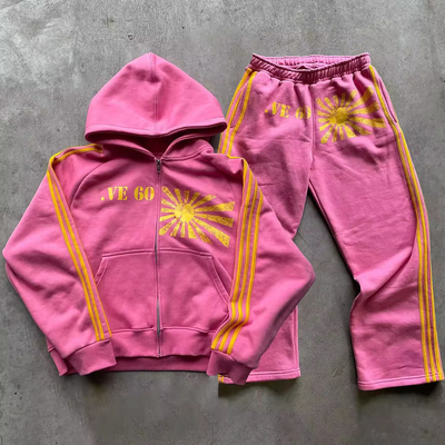 satın al Özel ekran baskı Logo çizgileri spor takım elbise vintage asitle yıkama zip up kapüşon ve jogger ter pantolon online manufacture