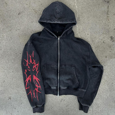 satın al Özel Logo Ekran Baskı Sıkıntılı Hiçbir Çekme Çizgi Çift Zip Up Asit Yıkama Ağır Ağırlıklı Kutlu Kesilmiş Kapüşon Erkekler online manufacture