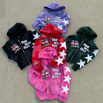 satın al Asit Yıkama Fransız Terry Kapüşon Özel Sokak Giyimleri Kutlu Kesilmiş Sıkıntılı Vintage nakış Patch Zip Up Kapüşon online manufacture