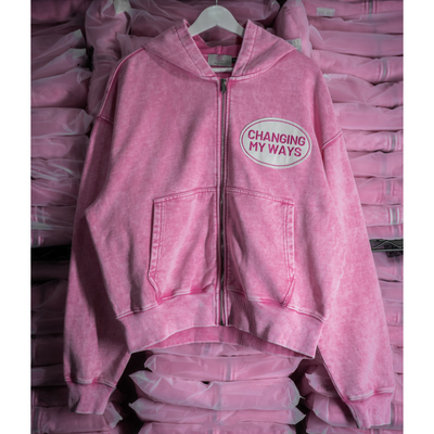 satın al Özel Pembe Kar Yıkama Dikişli nakış yama Ağır Kilo Kutusu Fit Düşük Omuz % 100 Pamuk Kırılmış Zip Up Hoodie online manufacture