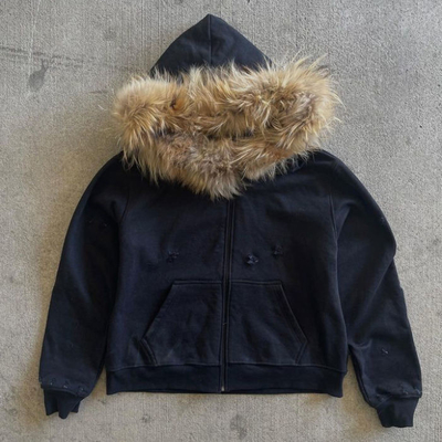 satın al Özel Kış Fransız Terry Kapüşonlu Kürk Kapüşonlu Vintage Organik Pamuk Erkekler için Zip Up Sahte Kürk Kapüşonlu online manufacture