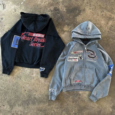 satın al Özel Geri Dönüştürülebilir Dikiş Hoodie Applique Sıkıntılı nakış Taş Yıkama Büyük Boylu Çift Kapüşonlu Fermuarlı Hoodie online manufacture