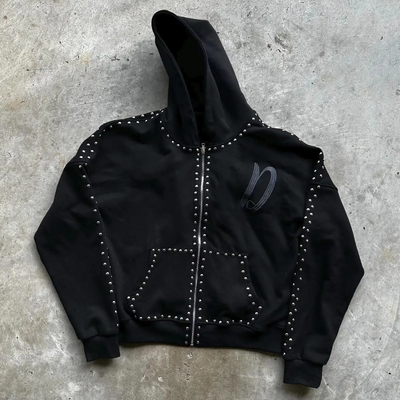 satın al Custom Streetwear Boxy Fit French Terry 100% Pamuk Zip Up Rivet Dikişli Rhinestone Erkek Hoodies online manufacture