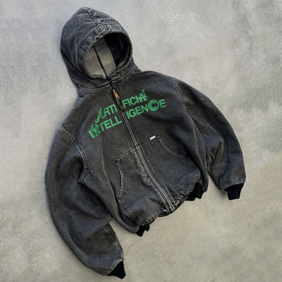 satın al Özel Ağır Ağır Boxy Fit Vintage Asit Yıkama Yırtılmış Sıkıntılı Zip Up Denim Kapüşon Ceket Erkekler online manufacture