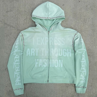satın al Custom Gemstone Zip Up Heavy Weight Hoodie Vintage Acid Yıkama Baggy Boxy Fit Kırılmış Strass Hoodie online manufacture